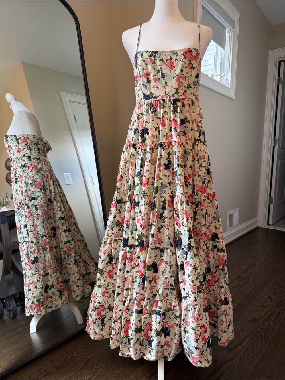 cinq a sept Cream Floral Tiered Midi Skirt with Pink and Navy Accents - Picture 2 of 13